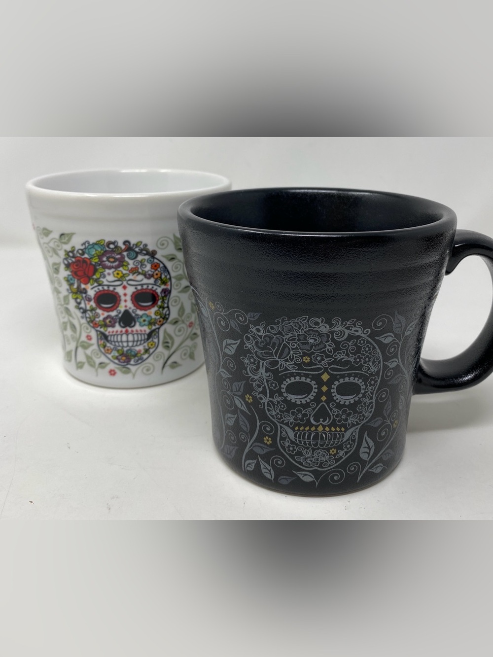 NWOT Fiesta Day of the Dead Sugar Skull Ceramic Mugs - Black and White Set